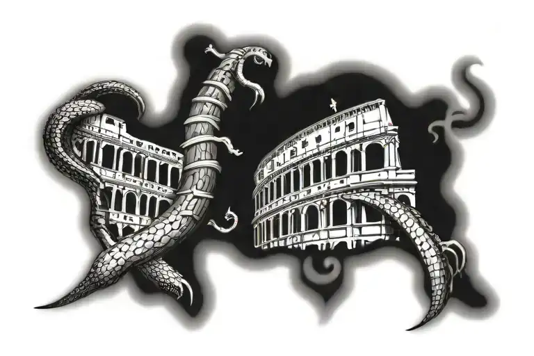 A blackwork tattoo of a Roman Colosseum with a snake coiled around it, blending the client's love for Rome and snakes tattoo design idea