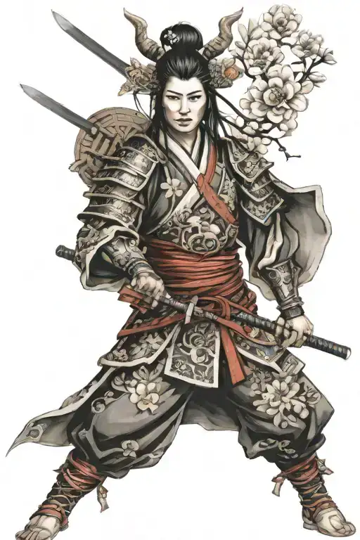 woman samurai facing forwar holding a mask ina frame with Japanese flowers and other Japanese iconography elements.  tattoo design idea