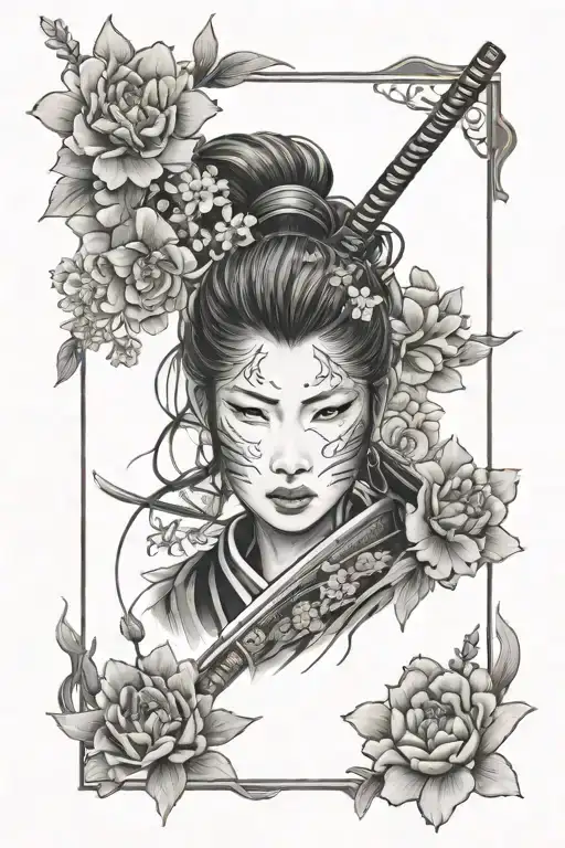 female samurai face surrounded by a frame containing Japanese flowers and other iconography  tattoo design idea