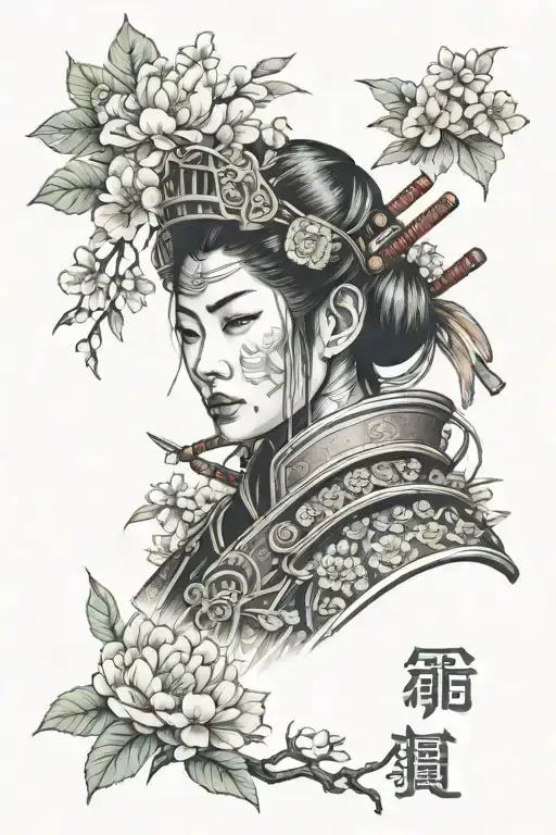 face of woman samurai with samurai helmet surrounded by Japanese flowers and other Japanese iconography elements.  tattoo design idea