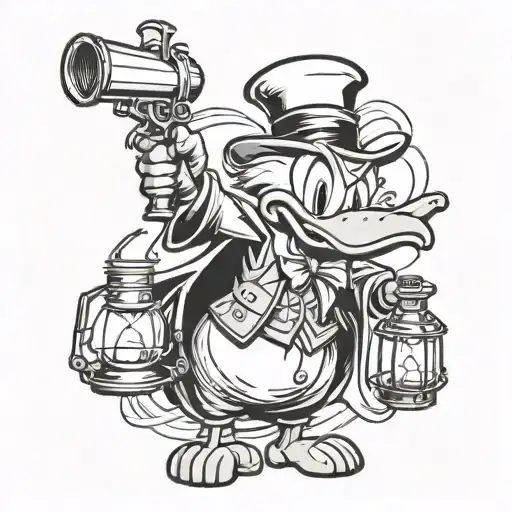 Black and white tattoo of Scrooge Mac Duck with an evil smile holding a lantern in the lantern the ruble logo, in the other hand holding a revolver tattoo design idea