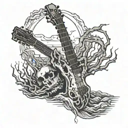 skeleton hand rising from the ocean, playing guitar. sigh around picture "courage at my fingertips" tattoo design idea