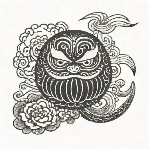 Daruma Doll blackwork japanese clouds surrounding tattoo design idea