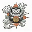Daruma Doll blackwork japanese clouds surrounding tattoo design idea
