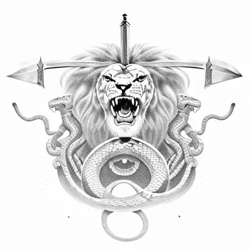 Gladiator with snake on the top of the sword with lion eating that snake tattoo design idea