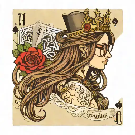 profile girl, glasses, long straight brown hair, crown, long nose, ace of spades card, text:Marjorie tattoo design idea