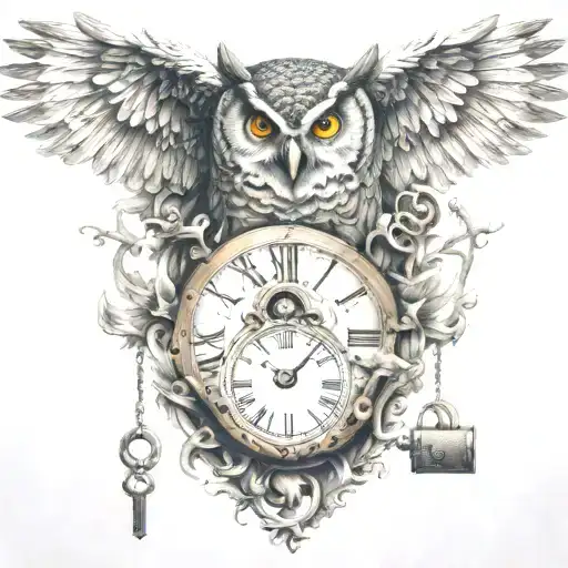 owl, time, lock & key tattoo design idea