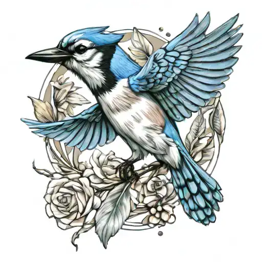 blue jay bird flying tattoo design idea