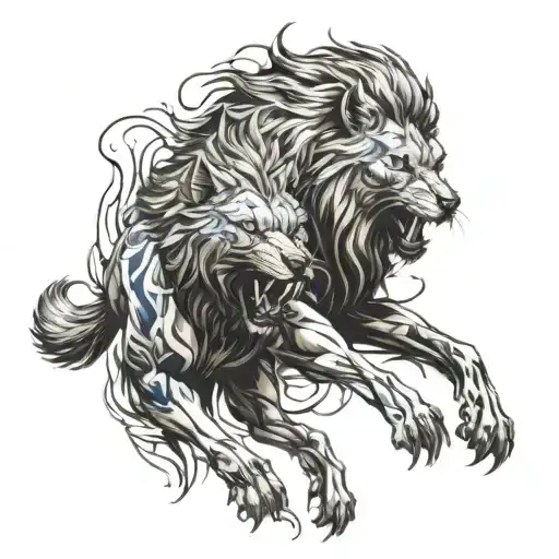 A combination tattoo of a wolf and lion in a fierce battle pose tattoo design idea