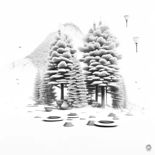 A hillside landscape with pots and pans scattered like trees tattoo design idea