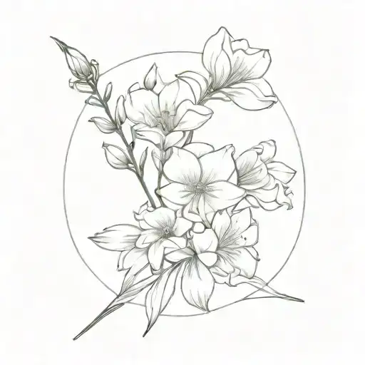 Create a minimalist tattoo design of a flower bouquet with a sweet pea, narcissus, and cosmo tattoo design idea