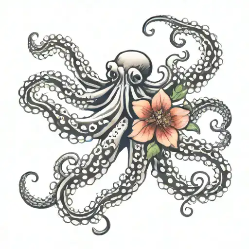 octopus and Japanese flowers  tattoo design idea