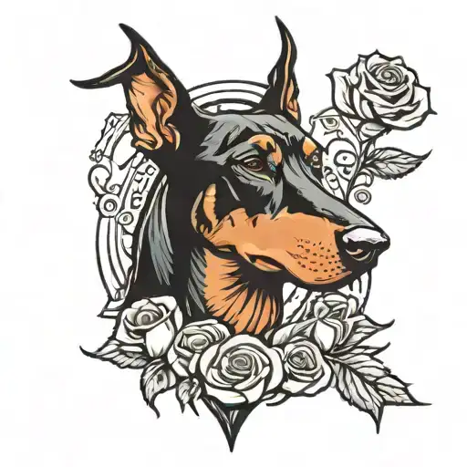 doberman holding a rose tattoo design idea
