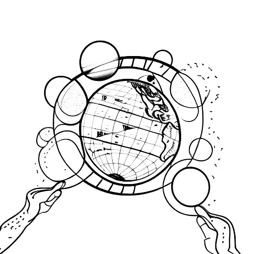 A simple outline of two hands holding a globe with a trail of footprints encircling it tattoo design idea