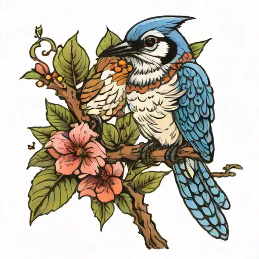blue jay and humming bird sitting on a branch   tattoo design idea