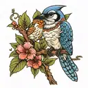 blue jay and humming bird sitting on a branch   tattoo design idea
