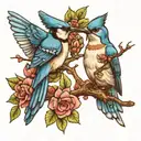 blue jay and humming bird sitting on a branch   tattoo design idea