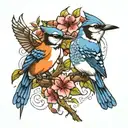 blue jay and humming bird sitting on a branch   tattoo design idea