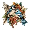 blue jay and humming bird sitting on a branch   tattoo design idea