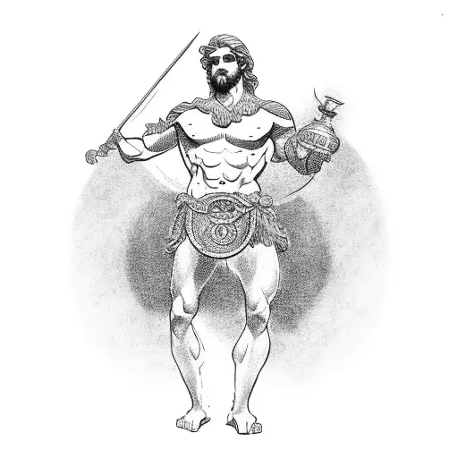 greek god holding the dumbbel of glory  tattoo design idea