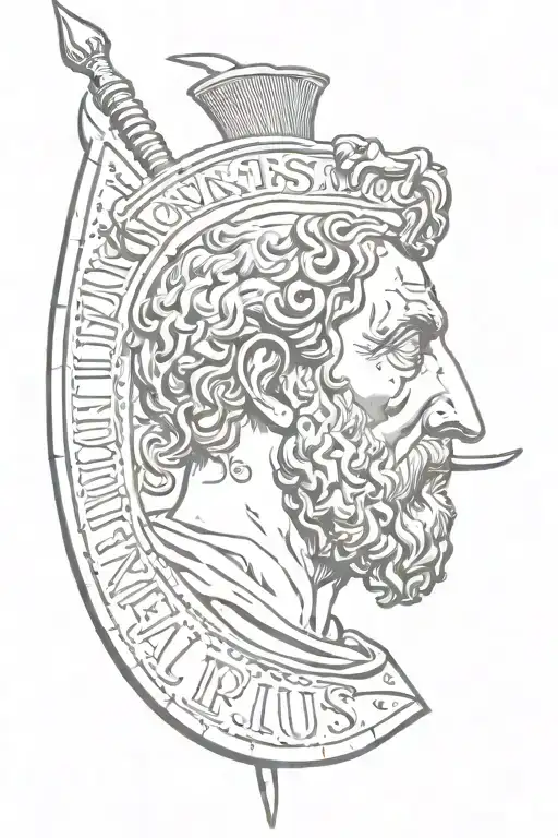 Marcus Aurelius half face next to a spear. a shield with written once D2:3, M3:11, I54:16. a shield with front elephant  tattoo design idea
