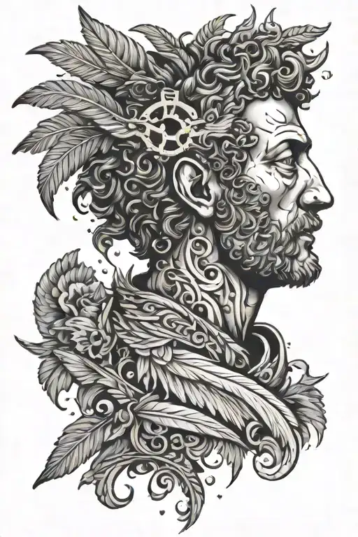 Marcus Aurelius half face. A heart above. A Brain below. Spears rain and feathers fall.  tattoo design idea