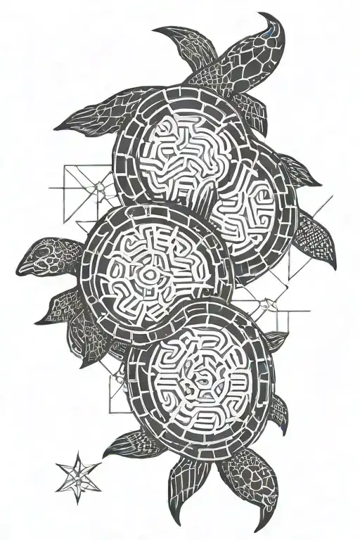 Gemini Symbol: At the center, represented by the twin vertical bars with a horizontal bar at the top and bottom. Turtle  tattoo design idea