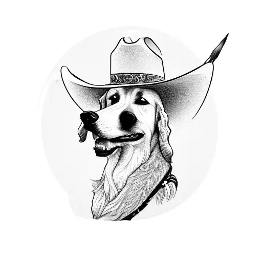 A blackwork tattoo of a loyal dog standing proudly next to a cowboy hat, symbolizing the bond between a cowboy and his faithful companion tattoo design idea