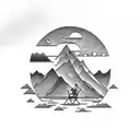 A serene lake surrounded by towering mountains, with a cowboy fishing on a boat tattoo design idea