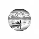 A serene lake surrounded by towering mountains, with a cowboy fishing on a boat tattoo design idea