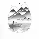 A serene lake surrounded by towering mountains, with a cowboy fishing on a boat tattoo design idea