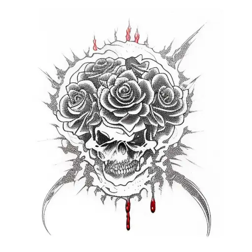 broken skull with 666 with roses dripping blood tattoo design idea