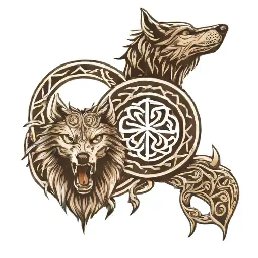 father and daughter Irish symbol, mixed with Viking wolf head, enduring love symbol tattoo design idea