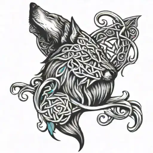 father and daughter Irish knot symbol, mixed with Viking wolf head at the bottom, enduring love symbol with freya name tattoo design idea
