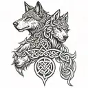 father and daughter Irish knot symbol, mixed with Viking wolf head at the bottom, enduring love symbol with freya name tattoo design idea