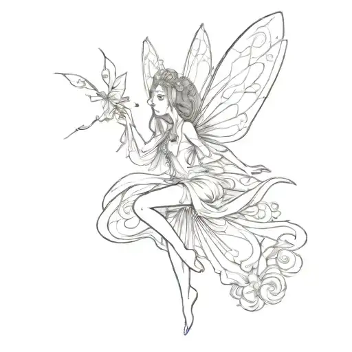 fairy in minimalist style without background and shading with thin lines sketch tattoo design idea