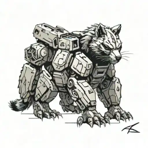metal gear rex piloted by a raccoon  tattoo design idea