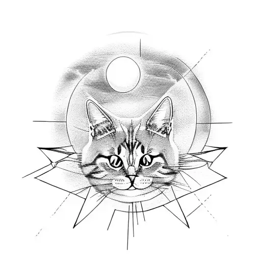 cat with evil eyes with a moon behind it tattoo design idea