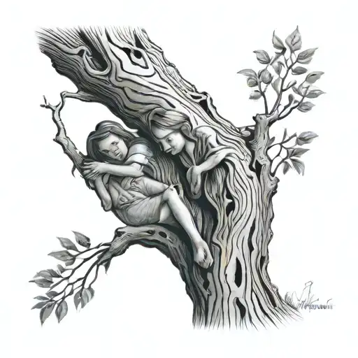 Mother and daughter embracing under a tree with their names carved into the bark tattoo design idea