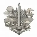 Map with the shape of Argentina, an Argentine flag, a warplane and a warship, the obelisk of Buenos Aires, and clouds, i tattoo design idea