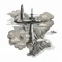 Map with the shape of Argentina, an Argentine flag, a warplane and a warship, the obelisk of Buenos Aires, and clouds, i tattoo design idea