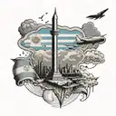 Map with the shape of Argentina, an Argentine flag, a warplane and a warship, the obelisk of Buenos Aires, and clouds, i tattoo design idea