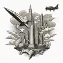 Map with the shape of Argentina, an Argentine flag, a warplane and a warship, the obelisk of Buenos Aires, and clouds, i tattoo design idea