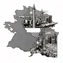 Map with the shape of Argentina, an Argentine flag, a warplane and a warship, the obelisk of Buenos Aires tattoo design idea