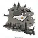 Map with the shape of Argentina, an Argentine flag, a warplane and a warship, the obelisk of Buenos Aires tattoo design idea