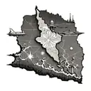 Map with the shape of Argentina, an Argentine flag, a warplane and a warship, the obelisk of Buenos Aires tattoo design idea