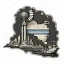 Map with the shape of Argentina, an Argentine flag, a warplane and a warship, the obelisk of Buenos Aires tattoo design idea