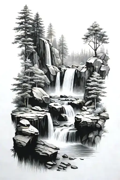 microrealism double waterfall that gets wider over the lower set of rocks surrounded by forest tattoo design idea