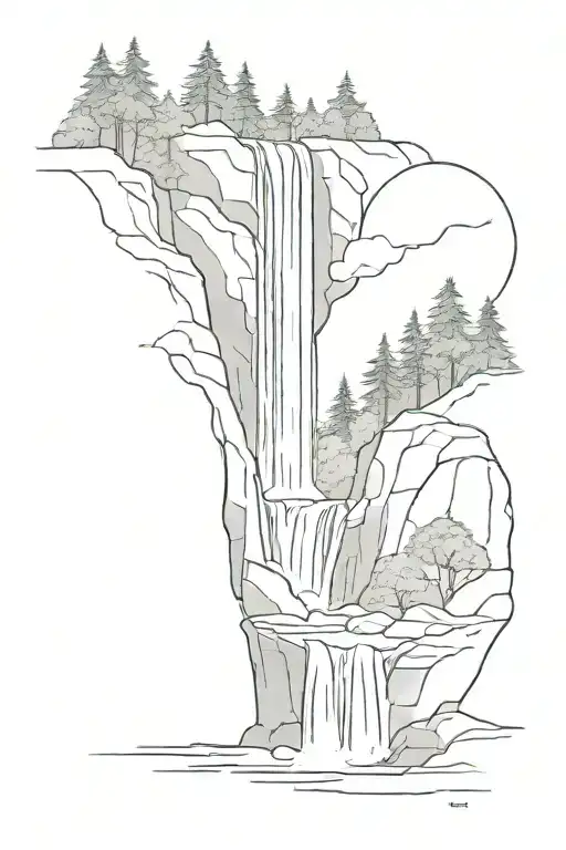 double waterfall with a forest and small bridge to the right side tattoo design idea