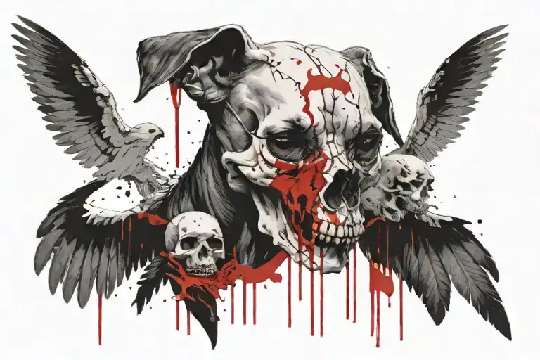 In the center is a dog's head, half of dog skull There are wings coming from the dog  tattoo design idea